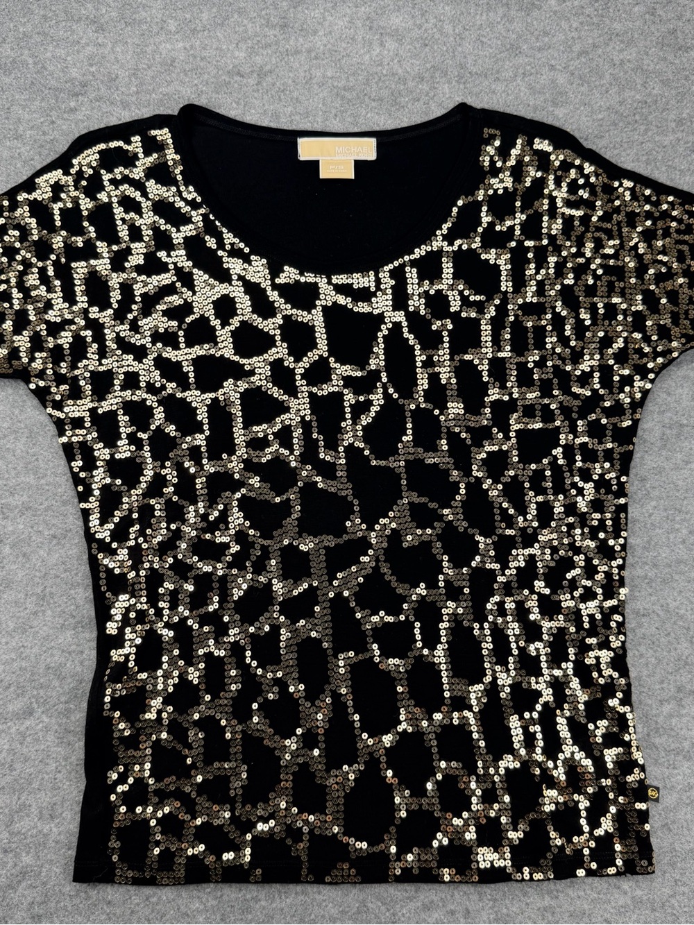 Michael Kors Womens‎ Black Gold Sequin Short Sleeve Blouse Top S P/S
